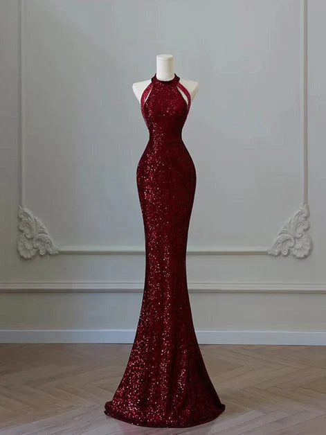 Charming Burgundy Halter Neck Mermaid Evening Dress With Trail Y6987