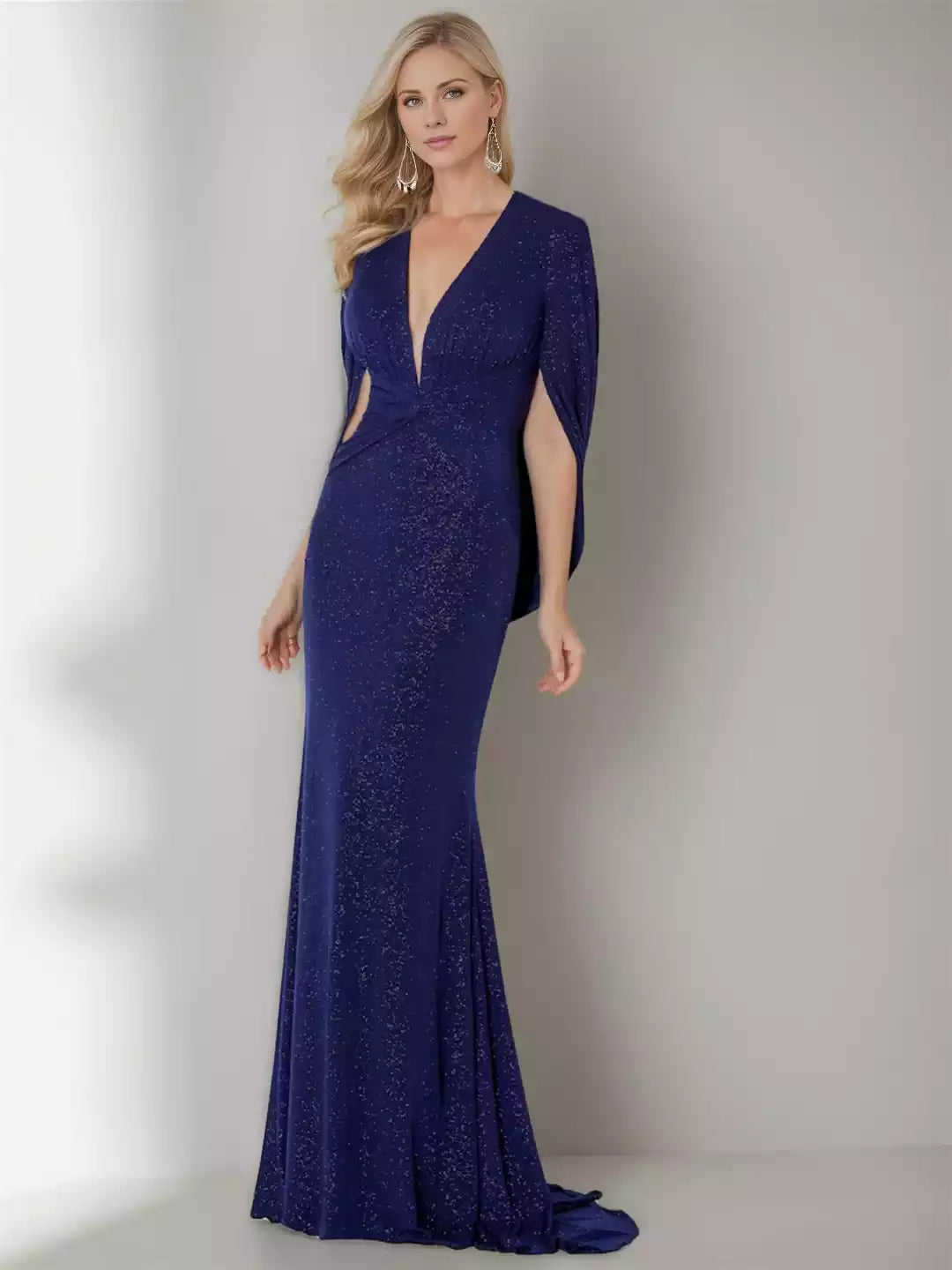 Column V-Neck Three-Quarter Sleeve Floor-Length With Ruffle Mother of the Bride Dresses