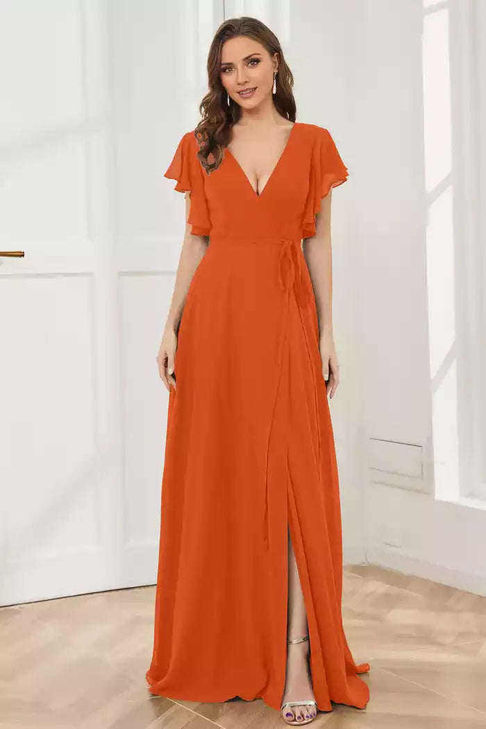 V-neck Ruffles Sleeves Chiffon Slit Bridesmaid Dresses