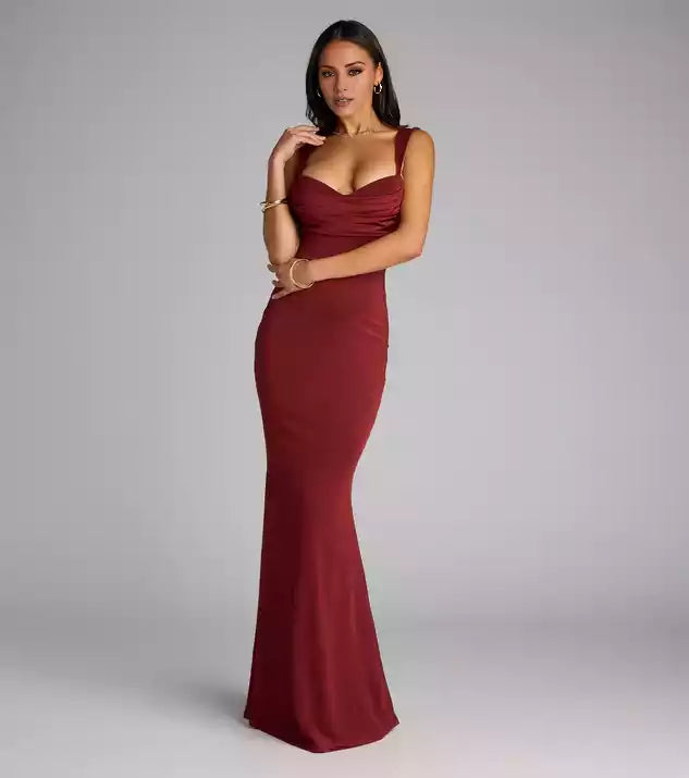 V-Neck Back Buckle Cutout Tight fitting Satin Mermaid  Evening Dress