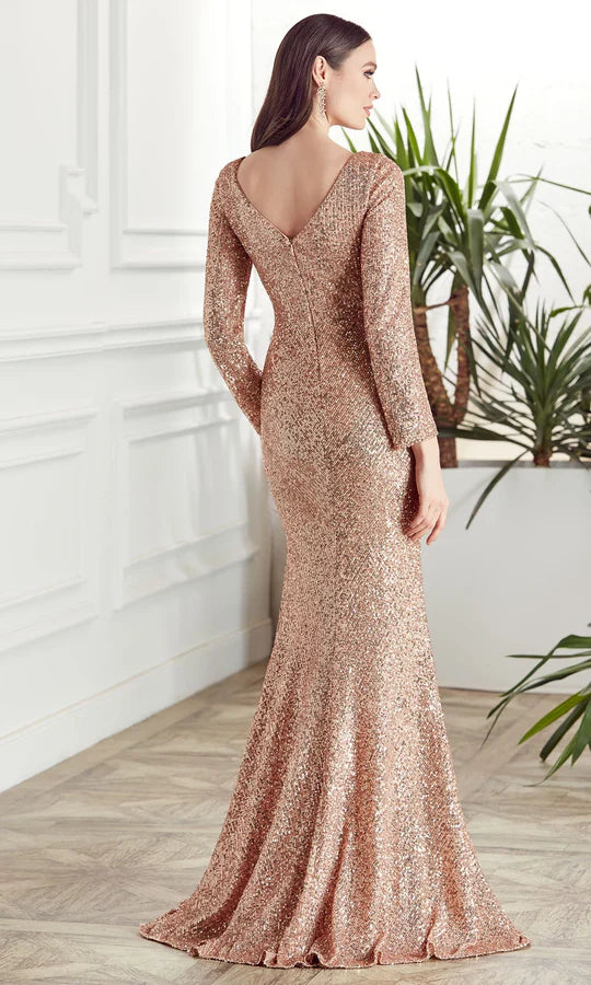 Glamorous Mermaid V-Neck Long-Sleeve-Zip-Back Rose Gold Sequin Floor-Length Mother of the Bride Dresses