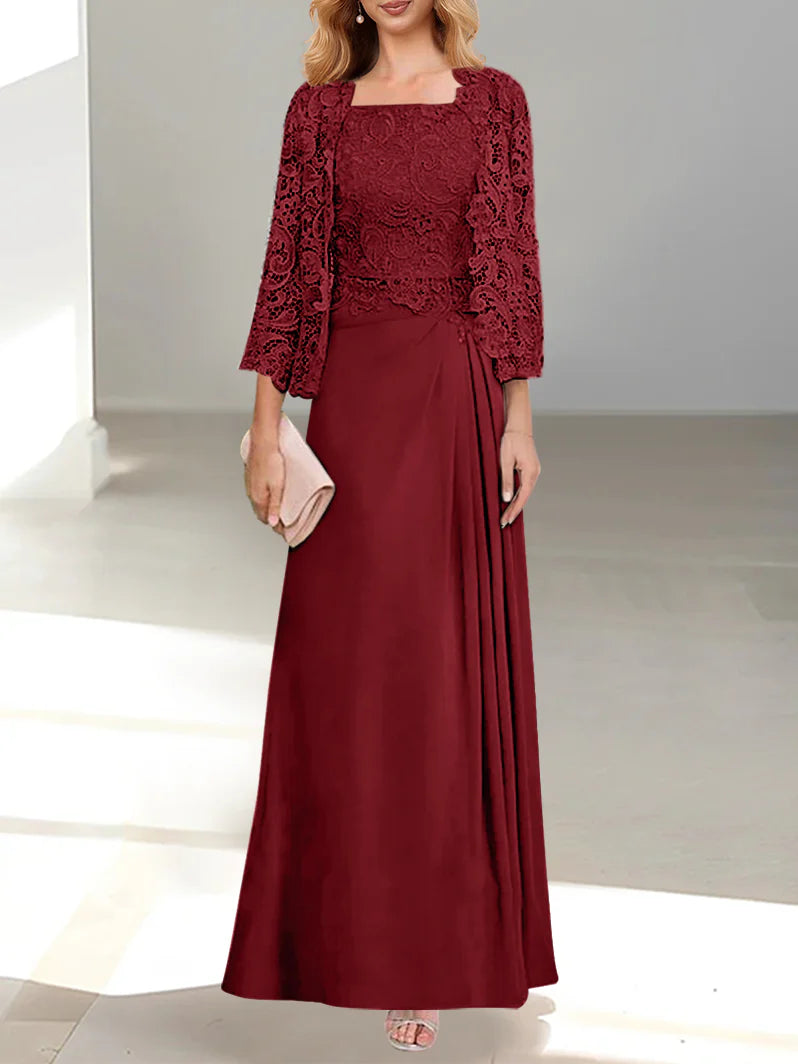 2 Pieces A-Line/Princess Scoop Floor-Length Mother of the Bride Dresses with Pleated Lace Appliques