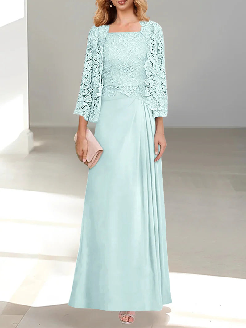 2 Pieces A-Line/Princess Scoop Floor-Length Mother of the Bride Dresses with Pleated Lace Appliques