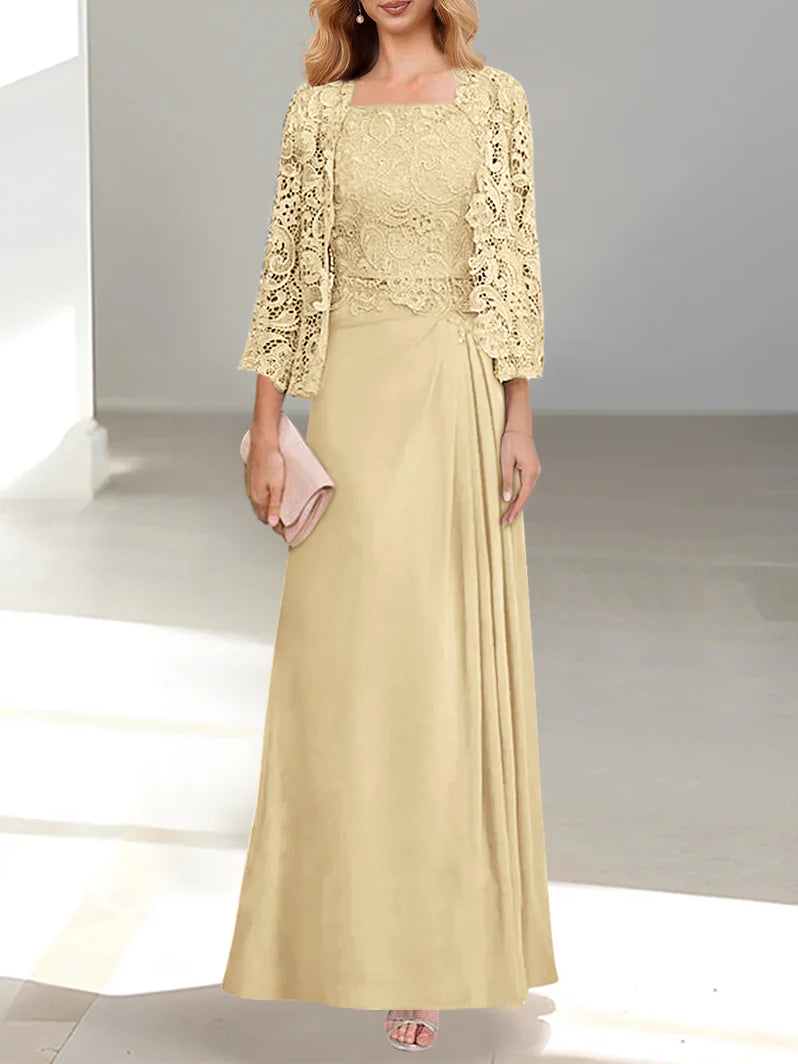 2 Pieces A-Line/Princess Scoop Floor-Length Mother of the Bride Dresses with Pleated Lace Appliques