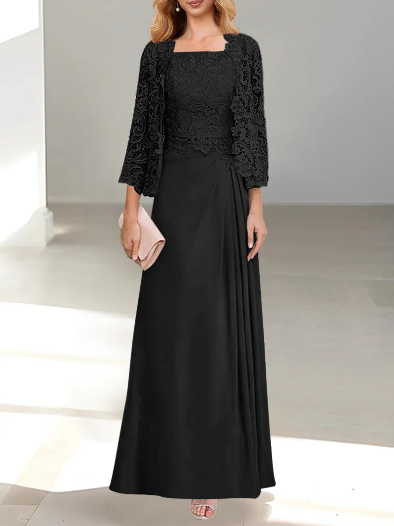 2 Pieces A-Line/Princess Scoop Floor-Length Mother of the Bride Dresses with Pleated Lace Appliques