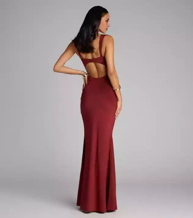 V-Neck Back Buckle Cutout Tight fitting Satin Mermaid  Evening Dress