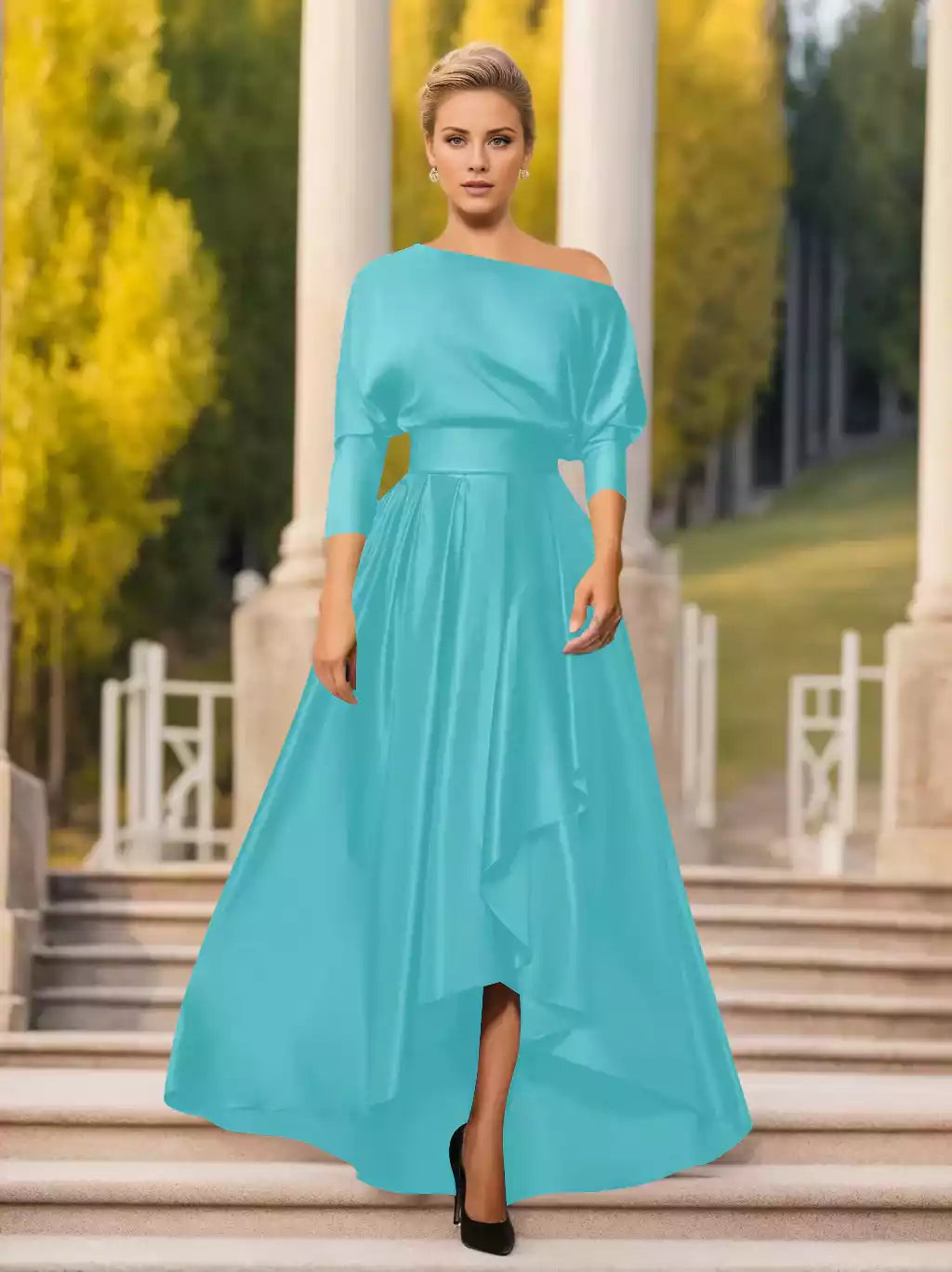 A-Line Princess One-Shoulder Sleeves Asymmetrical Mother of the Bride Dresses