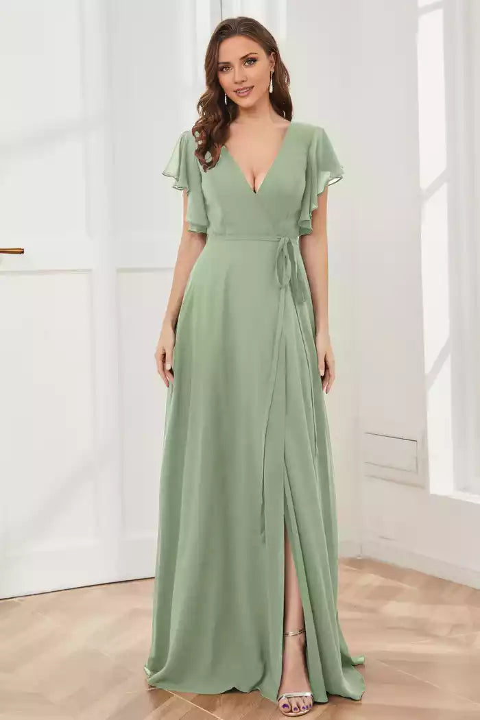 V-neck Ruffles Sleeves Chiffon Slit Bridesmaid Dresses
