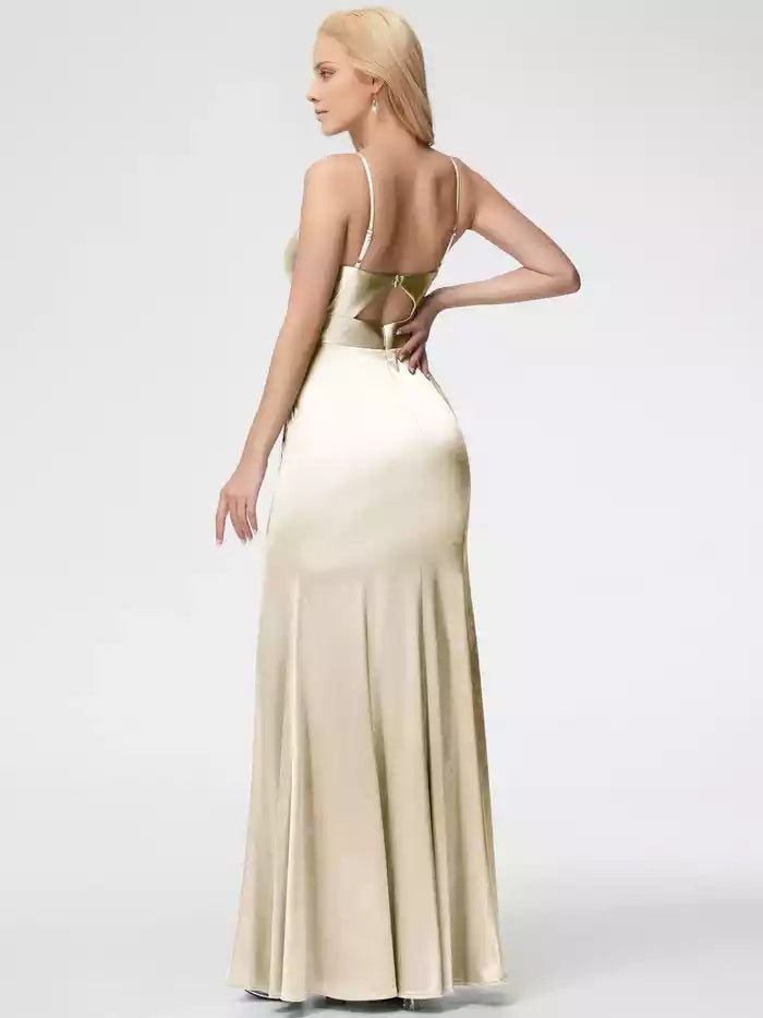 Prom Dresses Straps V Neck Sheath Satin Prom Dress