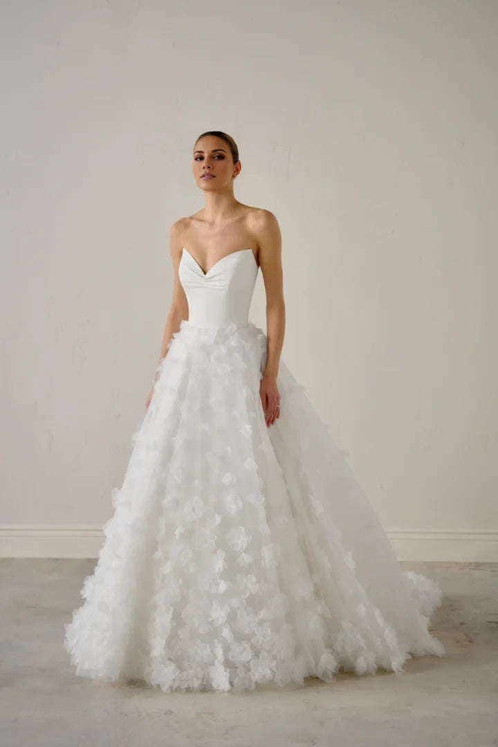 3D Floral Ball Gown with Satin Strapless Pointed Neckline Wedding Dresses