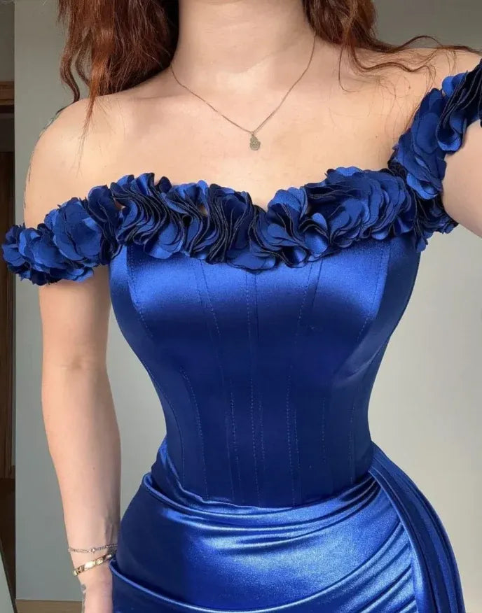3D Floral Trim Prom Dress with Ruched Skirt & Train