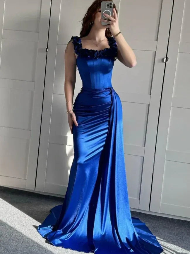 3D Floral Trim Prom Dress with Ruched Skirt & Train