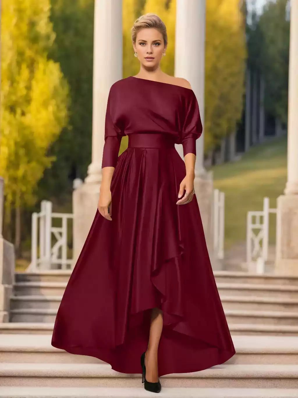A-Line Princess One-Shoulder Sleeves Asymmetrical Mother of the Bride Dresses