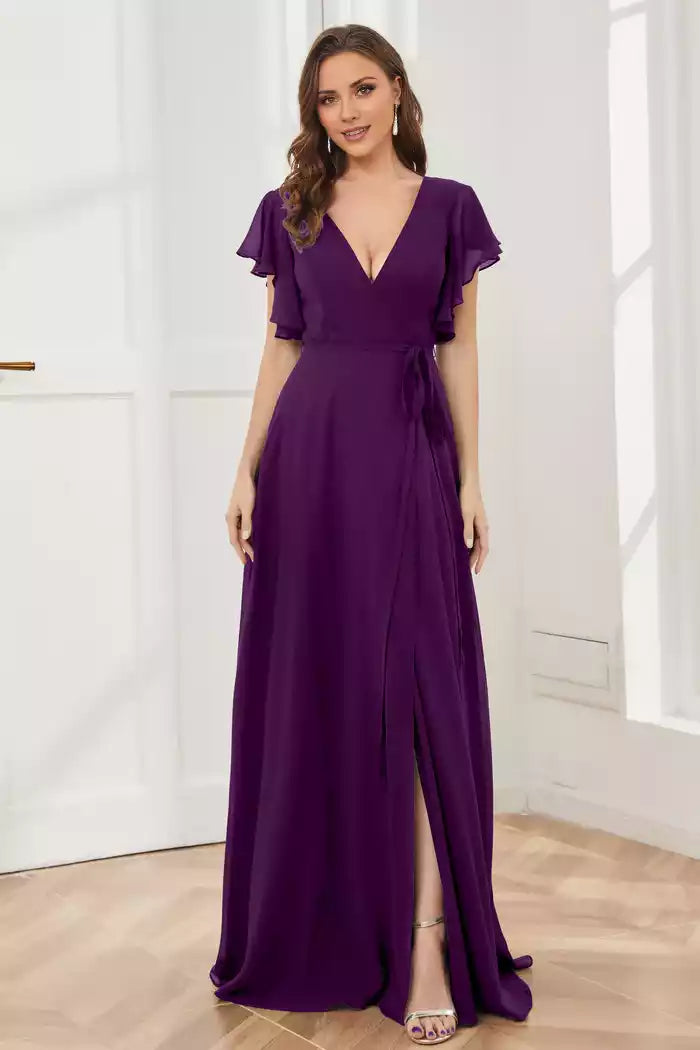 V-neck Ruffles Sleeves Chiffon Slit Bridesmaid Dresses