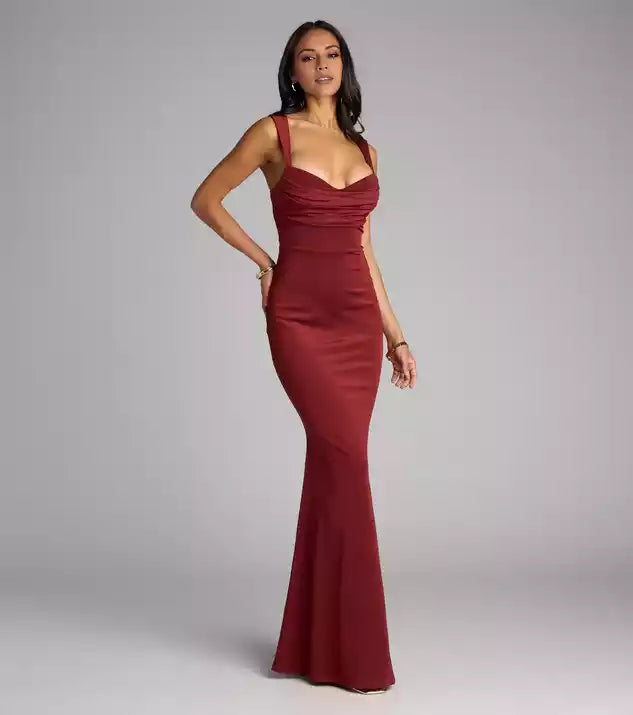 V-Neck Back Buckle Cutout Tight fitting Satin Mermaid  Evening Dress