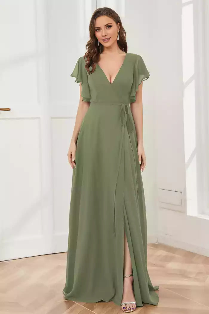 V-neck Ruffles Sleeves Chiffon Slit Bridesmaid Dresses
