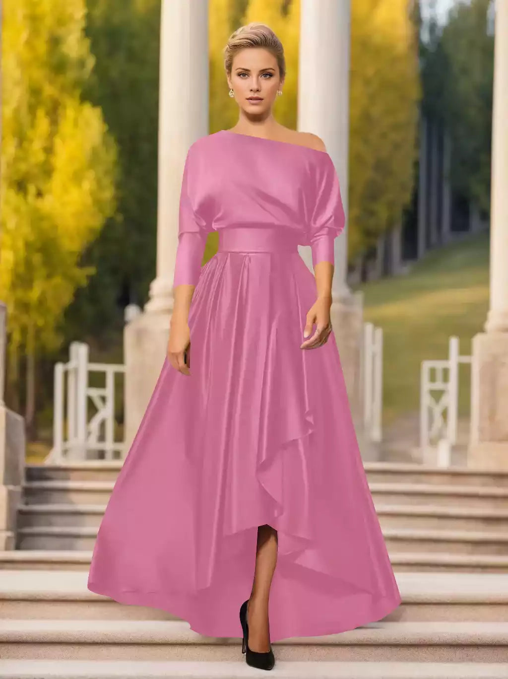 A-Line Princess One-Shoulder Sleeves Asymmetrical Mother of the Bride Dresses
