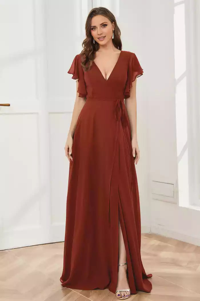 V-neck Ruffles Sleeves Chiffon Slit Bridesmaid Dresses