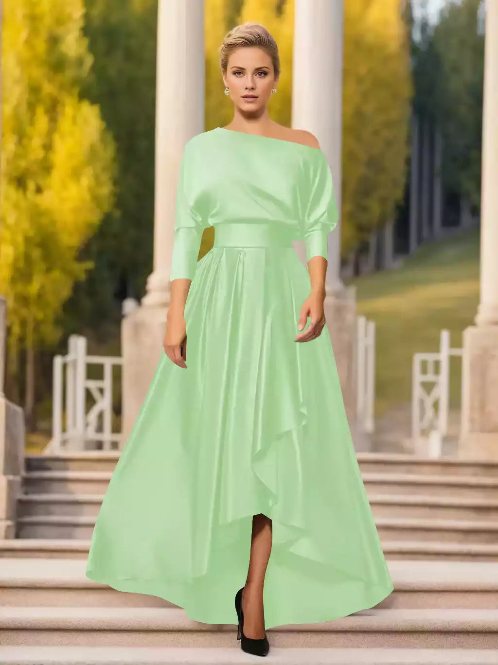A-Line Princess One-Shoulder Sleeves Asymmetrical Mother of the Bride Dresses