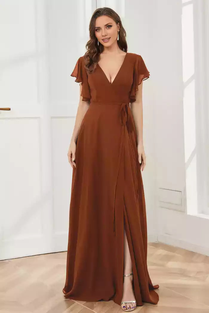 V-neck Ruffles Sleeves Chiffon Slit Bridesmaid Dresses