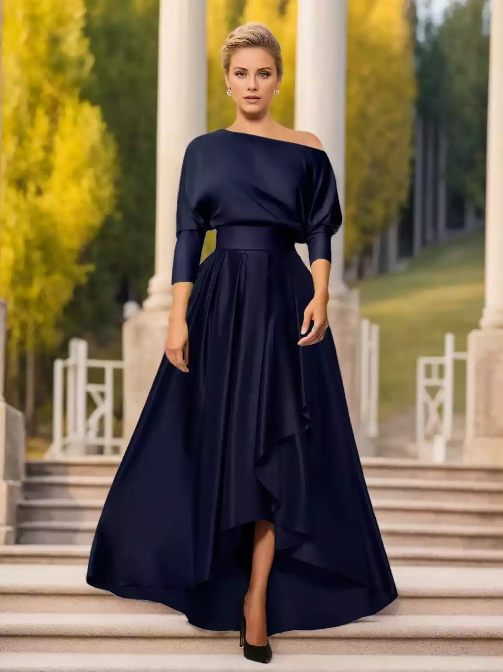 A-Line Princess One-Shoulder Sleeves Asymmetrical Mother of the Bride Dresses