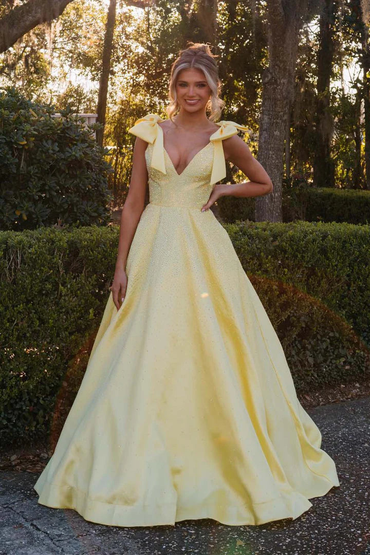 A-Line Beaded Prom Gown with Straps Bows