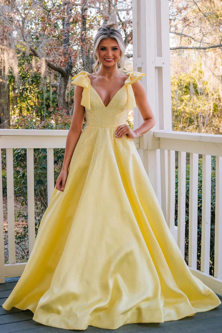 A-Line Beaded Prom Gown with Straps Bows