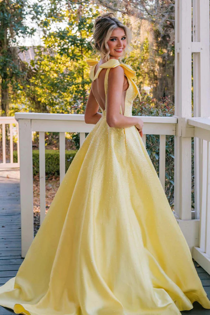 A-Line Beaded Prom Gown with Straps Bows