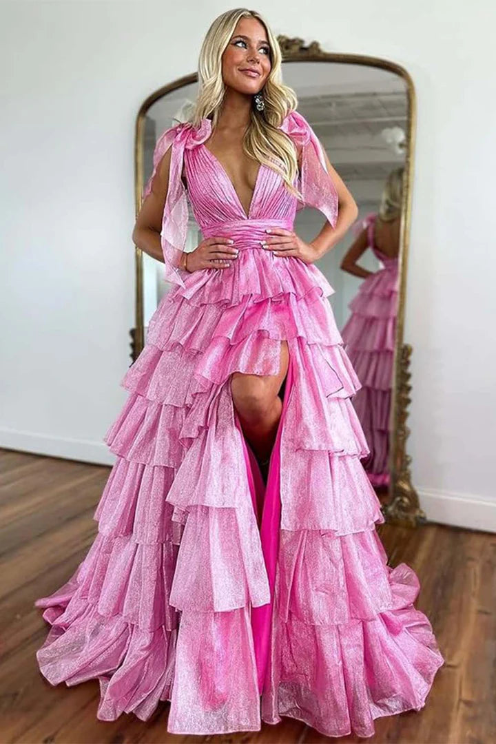 A-Line Deep V-neck Prom Dress with Straps Bows