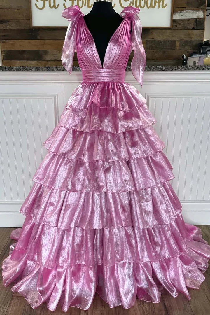 A-Line Deep V-neck Prom Dress with Straps Bows
