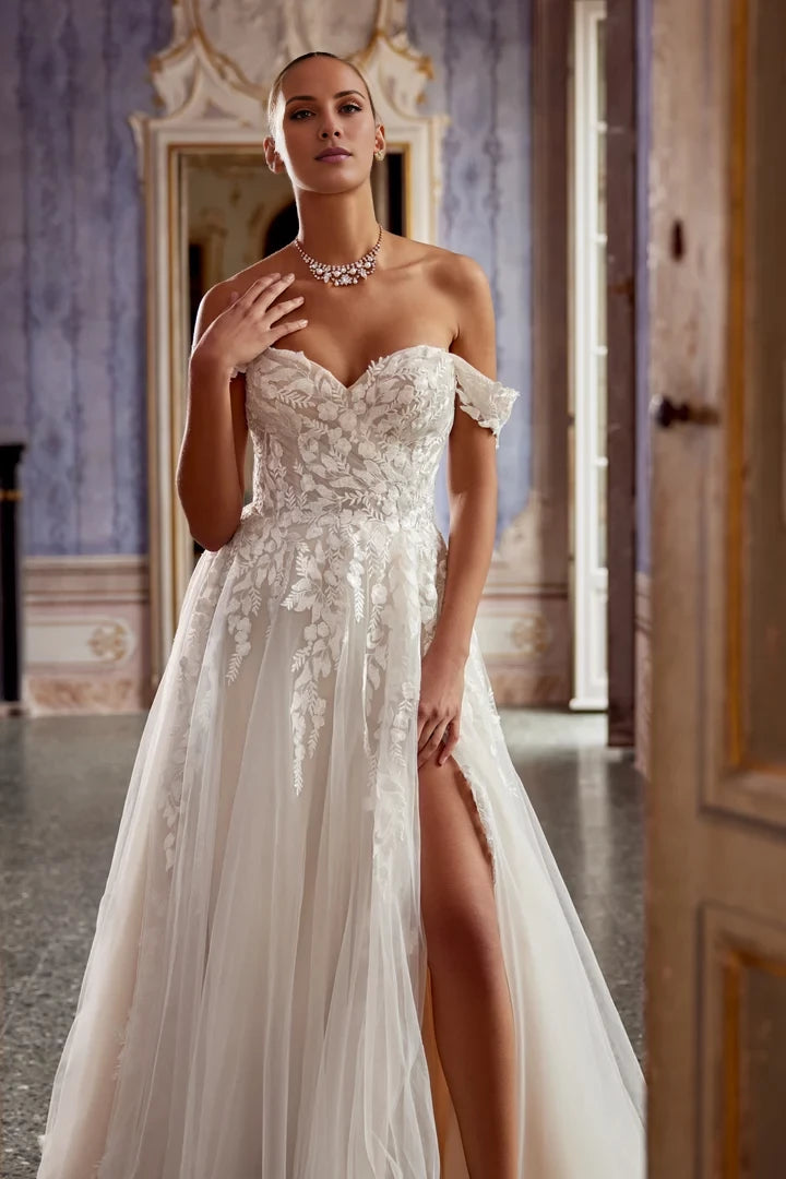 A-Line Dress with Detachable Off-The-Shoulder Straps and Slit Wedding Dresses