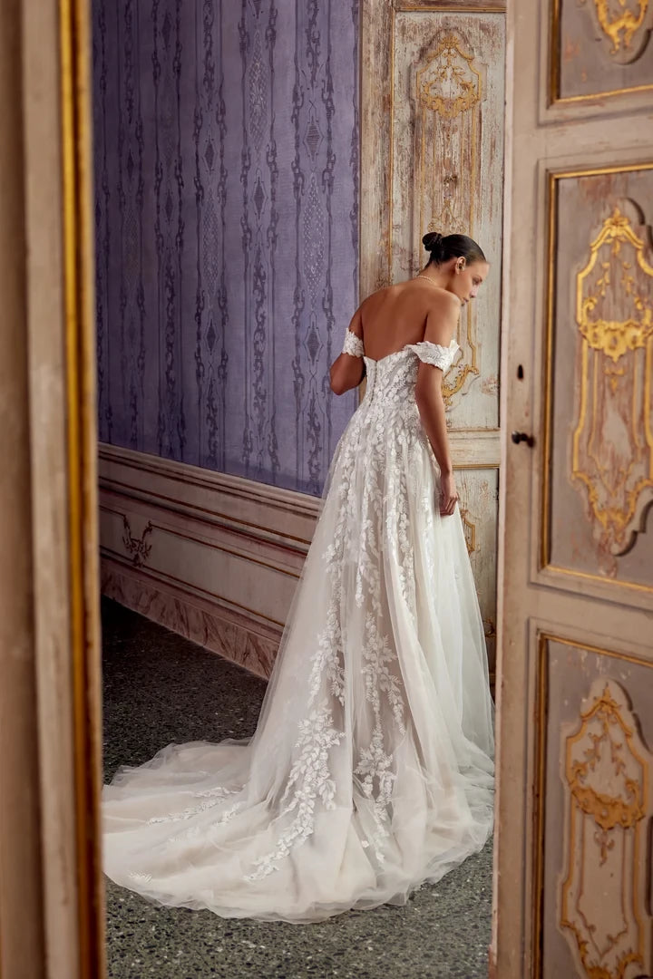 A-Line Dress with Detachable Off-The-Shoulder Straps and Slit Wedding Dresses