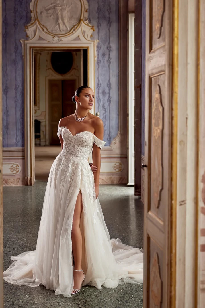 A-Line Dress with Detachable Off-The-Shoulder Straps and Slit Wedding Dresses