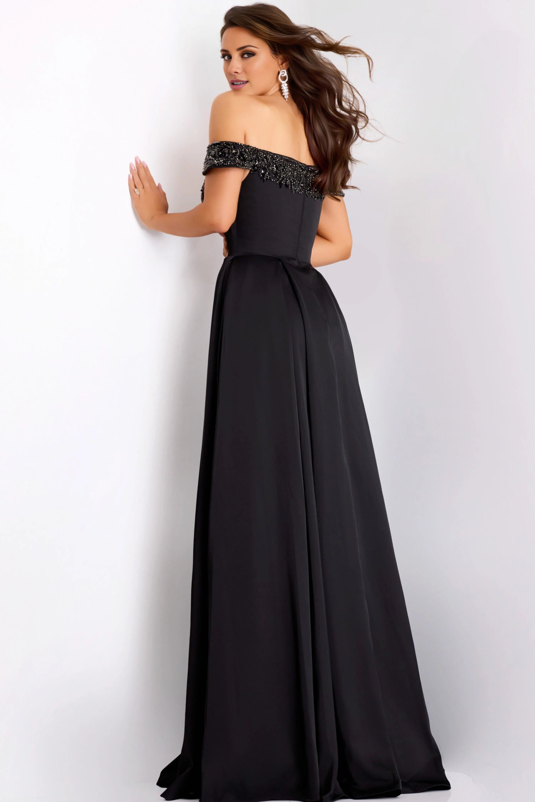 A-Line Gown With Beaded Neckline and High Slit Evening Dresses