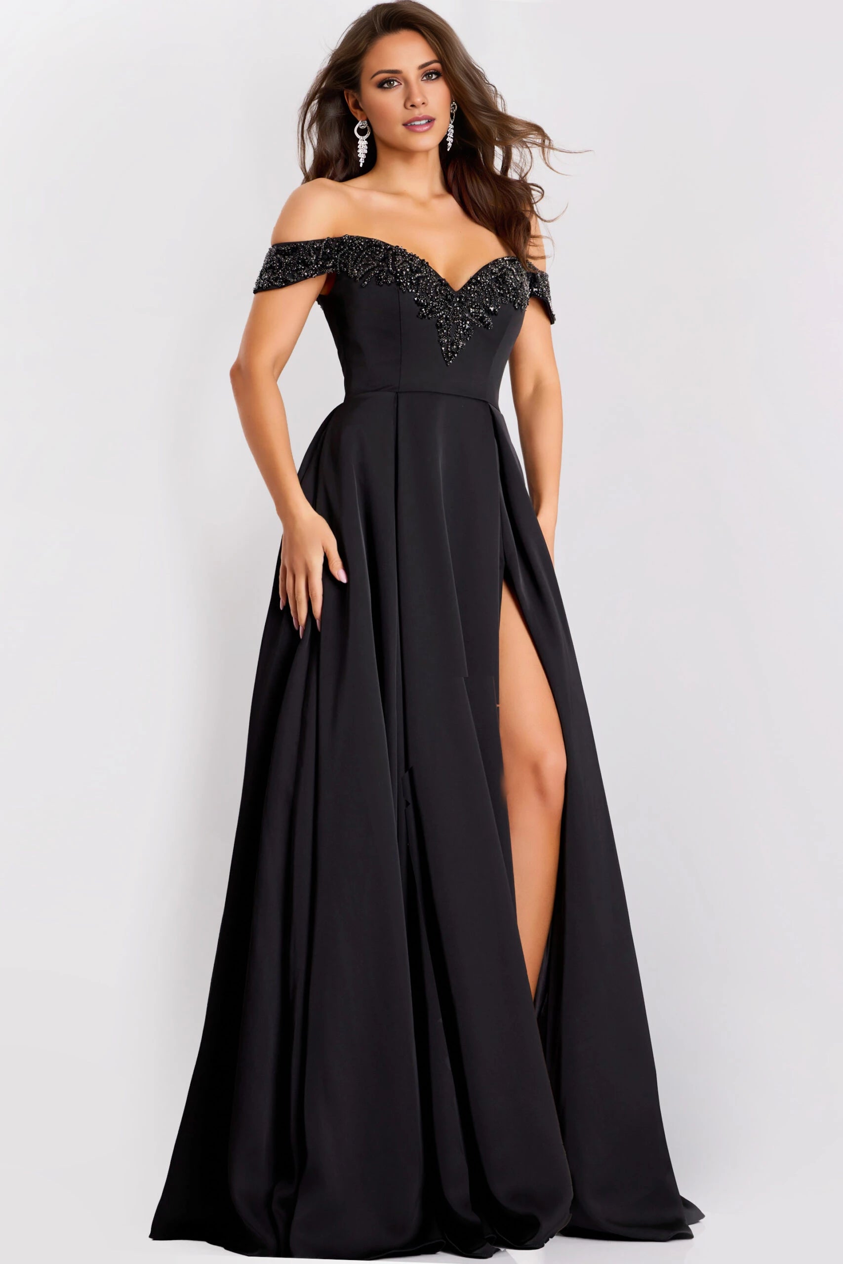 A-Line Gown With Beaded Neckline and High Slit Evening Dresses