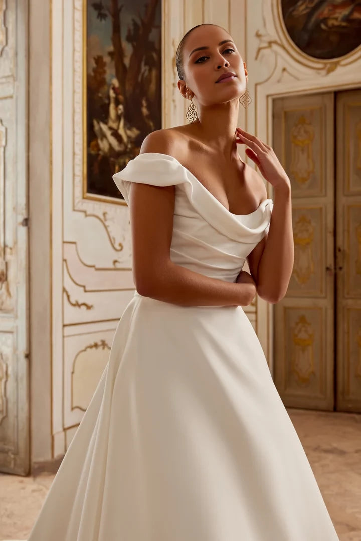 A-Line Gown with Crepe Draped Bodice and Satin Skirt Wedding Dresses