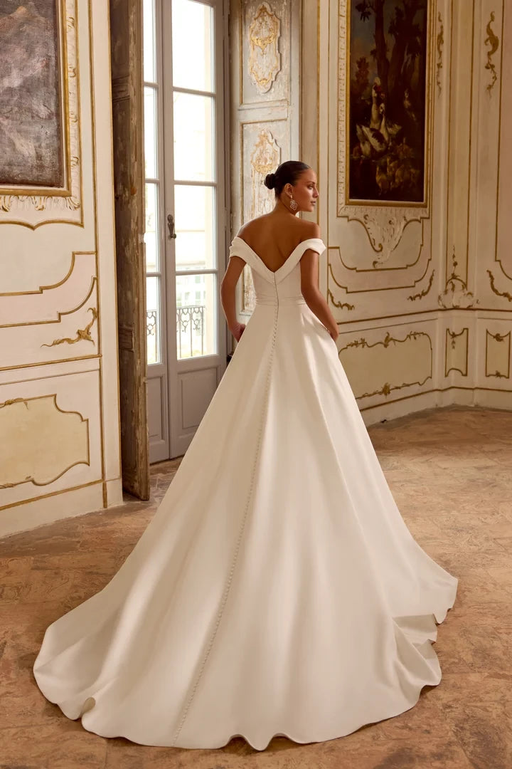 A-Line Gown with Crepe Draped Bodice and Satin Skirt Wedding Dresses