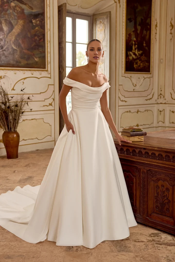 A-Line Gown with Crepe Draped Bodice and Satin Skirt Wedding Dresses