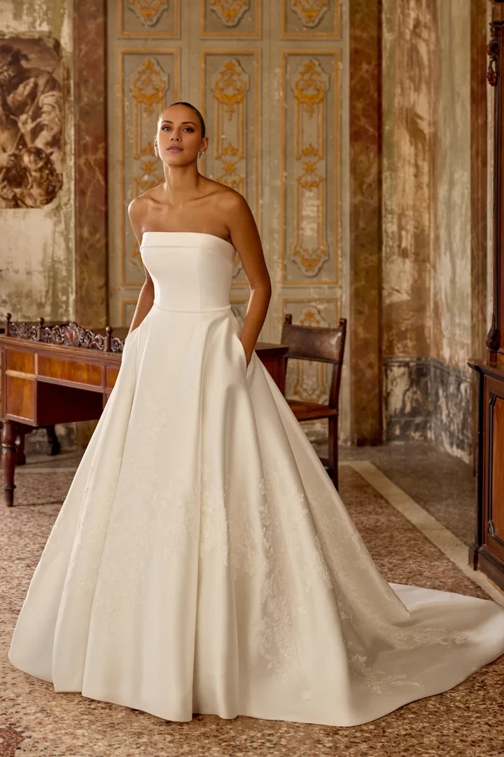 A-Line Gown with Embroidered Sequined Lace on Skirt Wedding Dresses