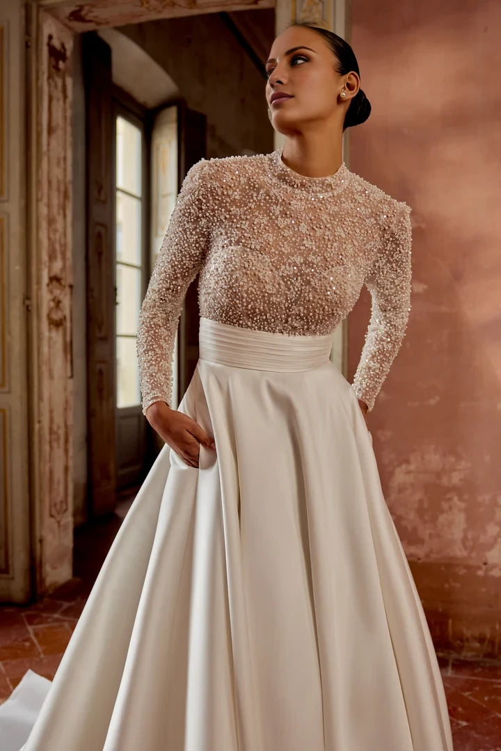 A-Line Gown with High Collar Neckline and Beaded Bodice Wedding Dresses
