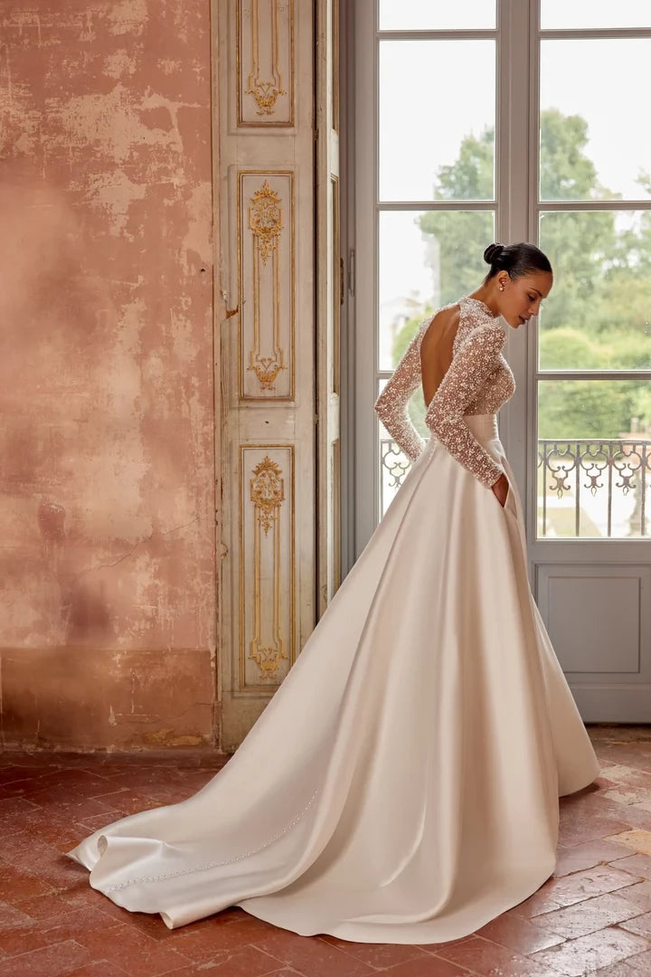 A-Line Gown with High Collar Neckline and Beaded Bodice Wedding Dresses