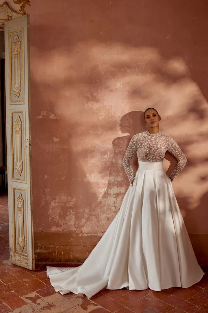 A-Line Gown with High Collar Neckline and Beaded Bodice Wedding Dresses