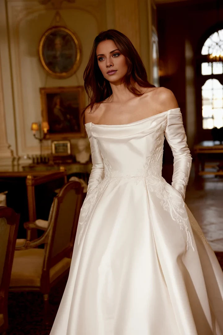A-Line Gown with Off-The-Shoulder Neckline and Dramatic Train Wedding Dresses