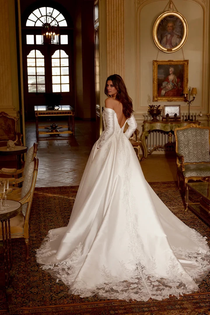 A-Line Gown with Off-The-Shoulder Neckline and Dramatic Train Wedding Dresses