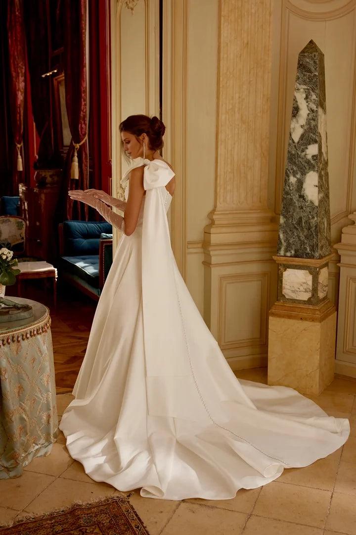 A-Line Gown with One-Shoulder Neckline and Detachable Bow Wedding Dresses