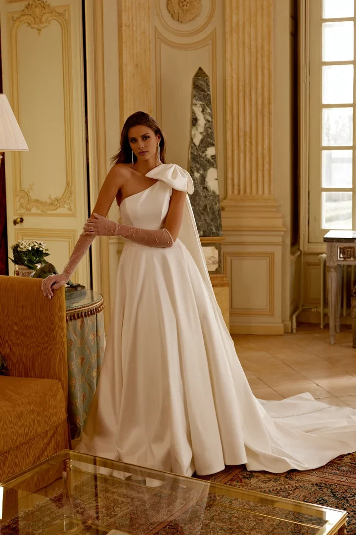 A-Line Gown with One-Shoulder Neckline and Detachable Bow Wedding Dresses