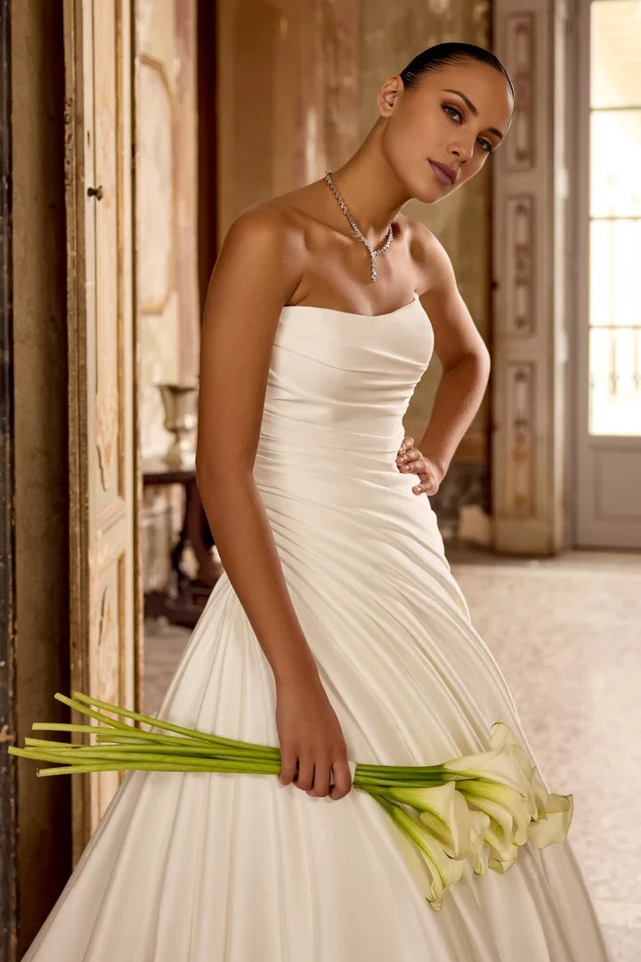 A-Line Gown with Pleated Details on Bodice and Skirt Wedding Dresses