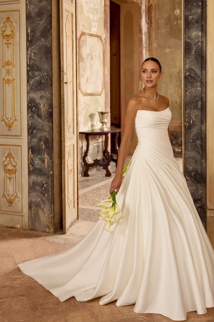 A-Line Gown with Pleated Details on Bodice and Skirt Wedding Dresses