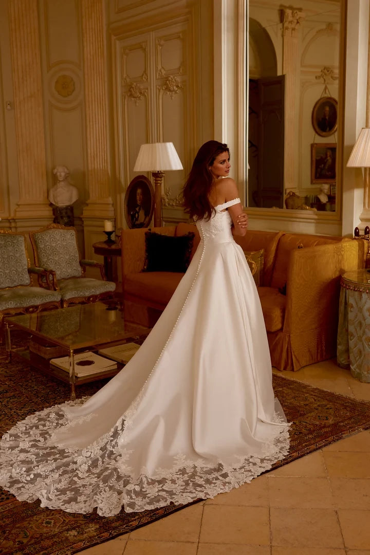 A-Line Gown with Sequined Lace and Dramatic Cathedral Train Wedding Dresses