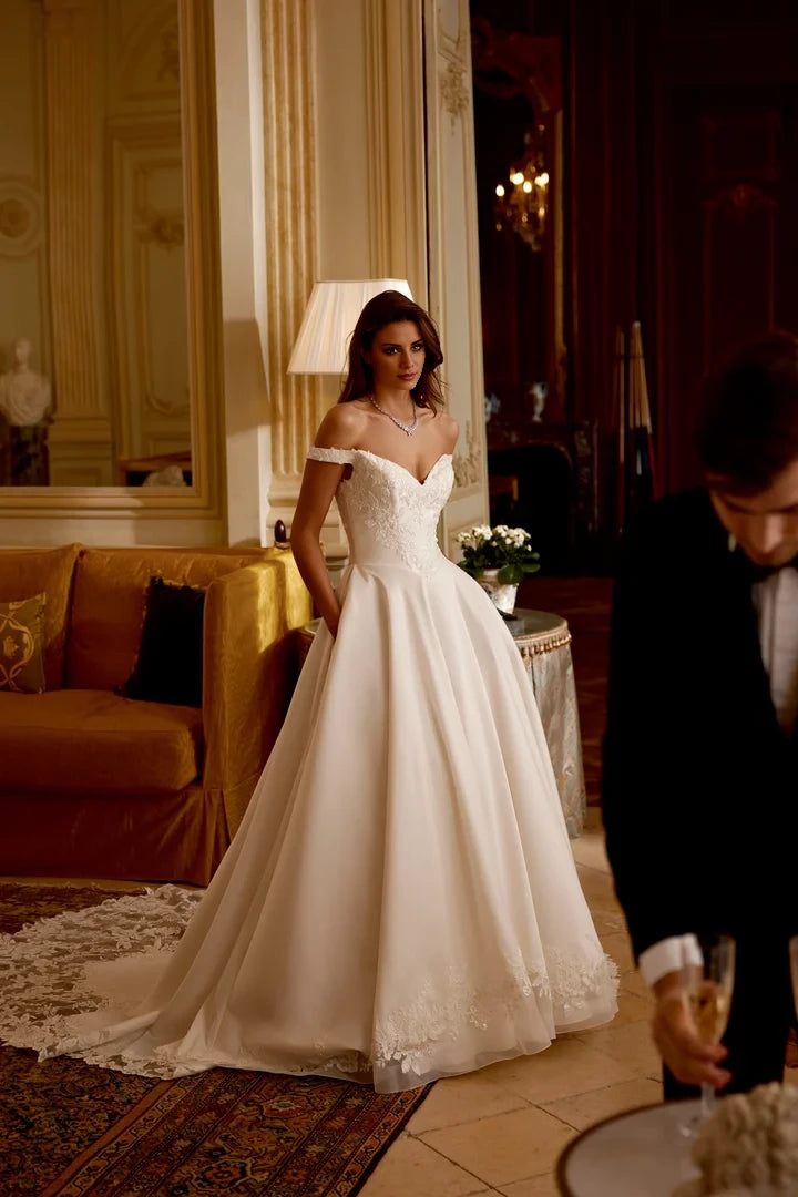 A-Line Gown with Sequined Lace and Dramatic Cathedral Train Wedding Dresses